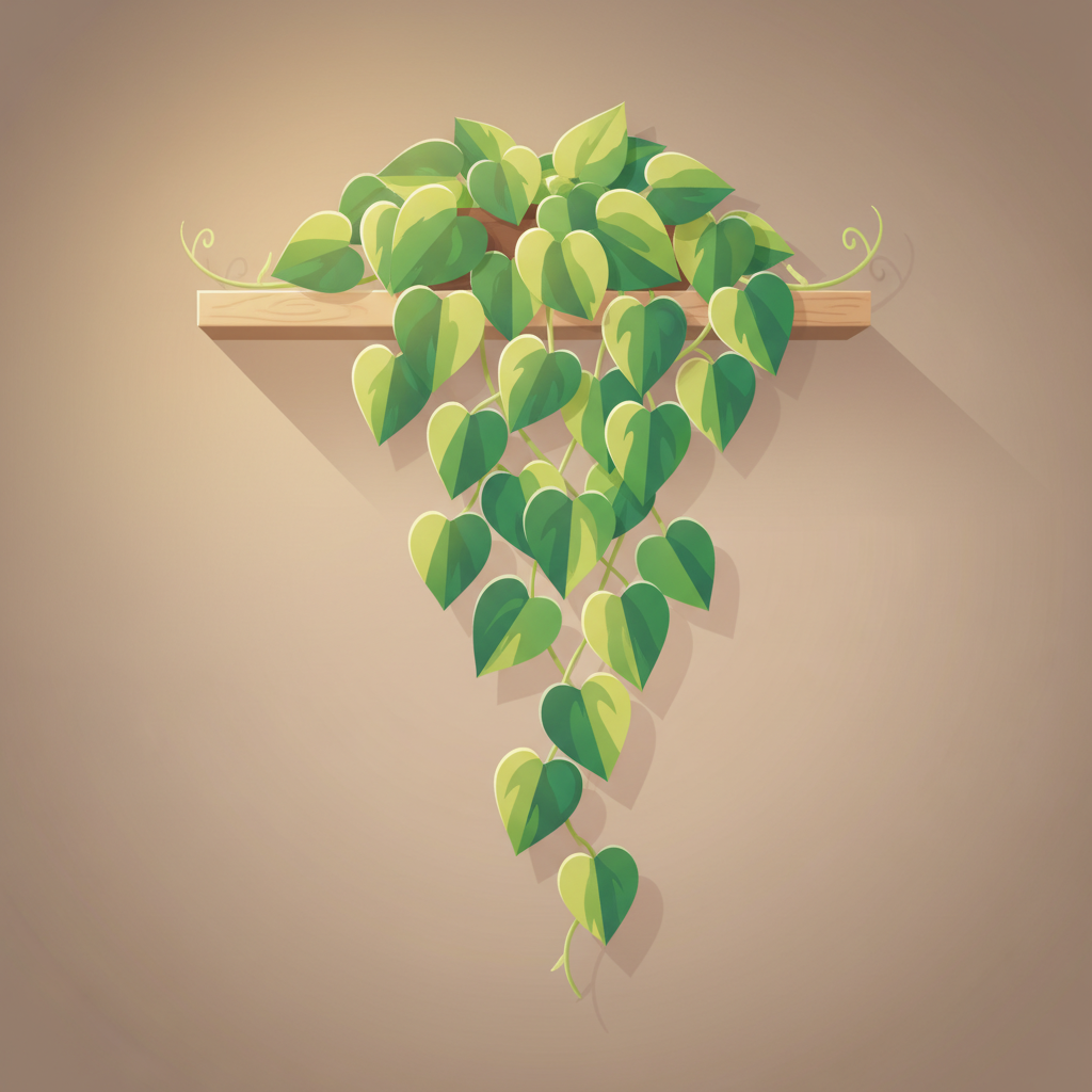Illustration of a golden pothos vine trailing from a wall-mounted wooden shelf against a warm neutral background.