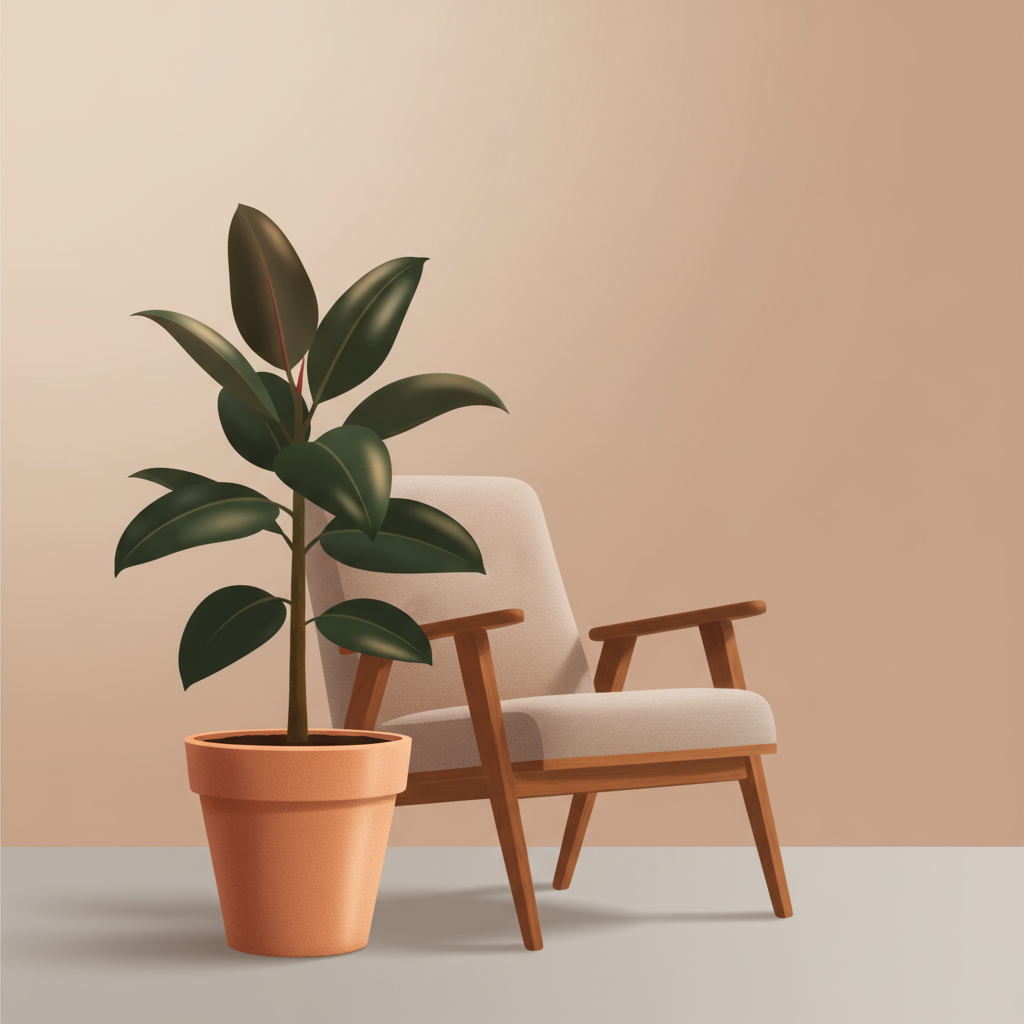 Illustration of a rubber plant with broad glossy leaves in a terracotta pot next to a lounge chair on a muted warm background.