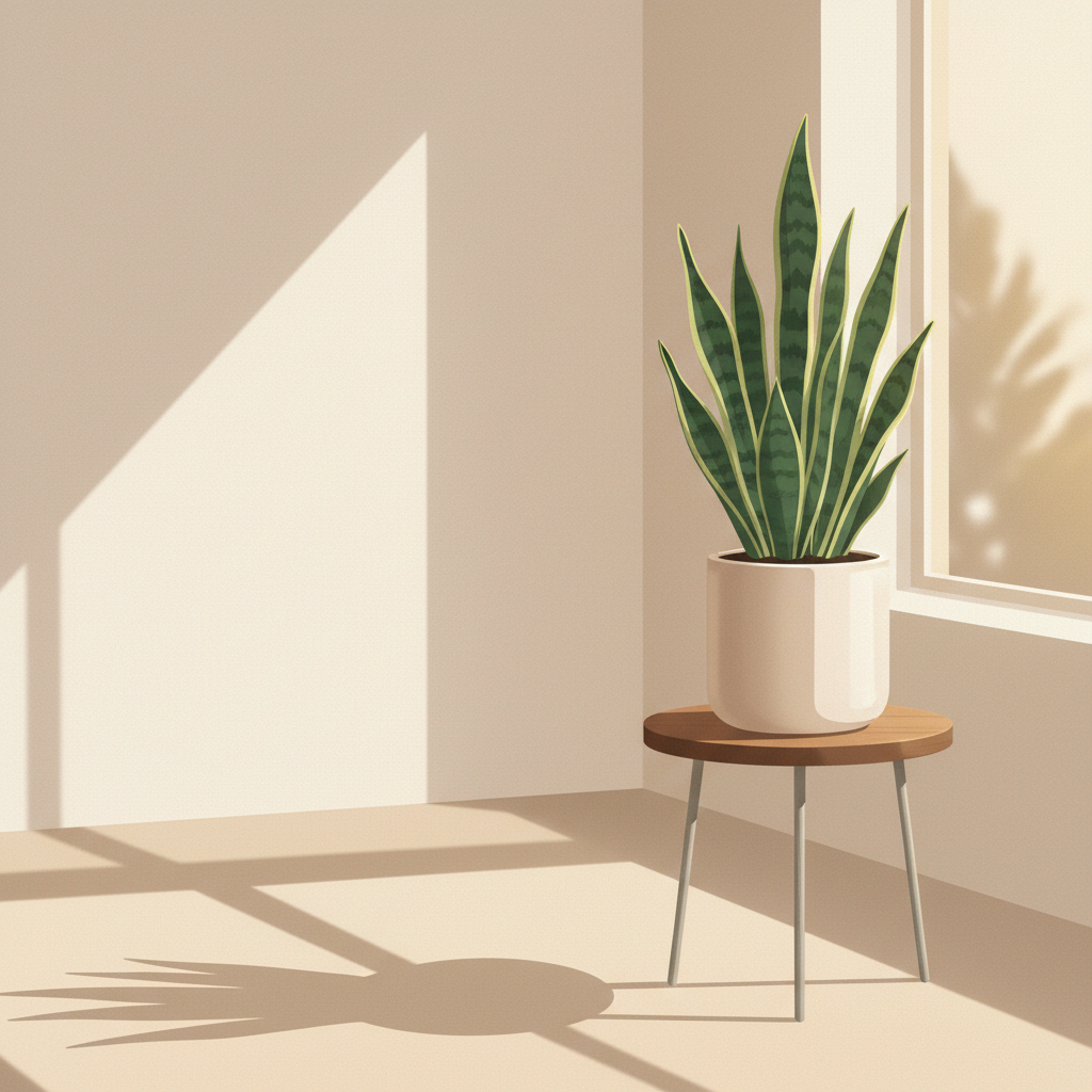 Illustration of a snake plant in a modern ceramic pot on a minimalist side table near a sunlit window.