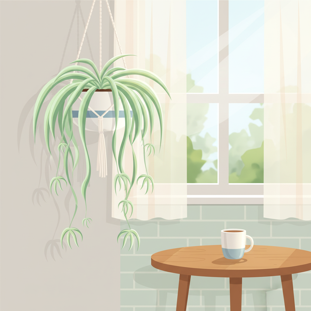 Illustration of a spider plant overflowing with arching plantlets from a hanging planter in a bright kitchen nook.