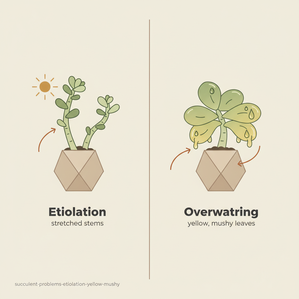 Infographic illustrating etiolation and yellow mushy leaves in succulents