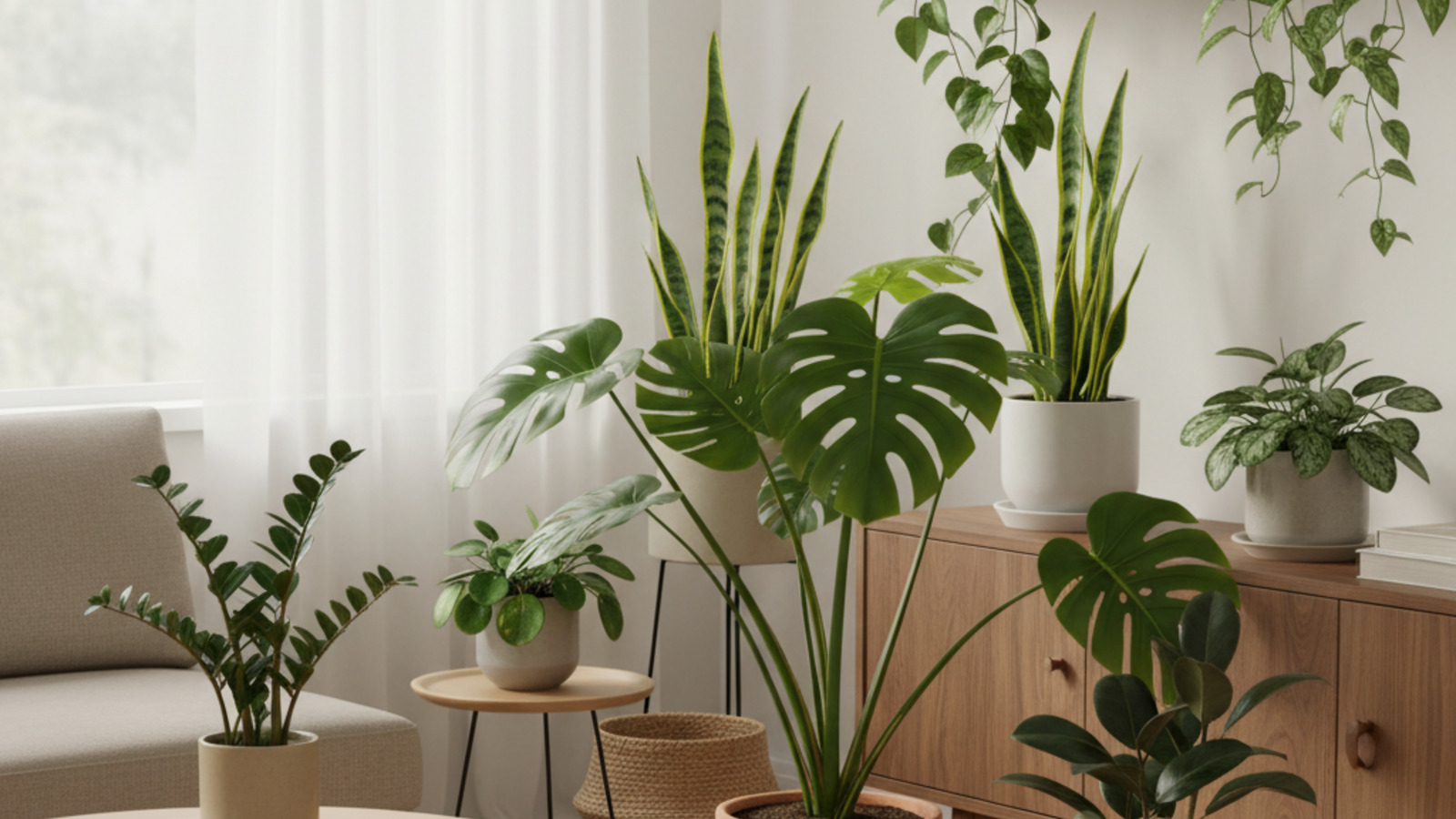Collection of trending 2025 houseplants styled in a modern living room