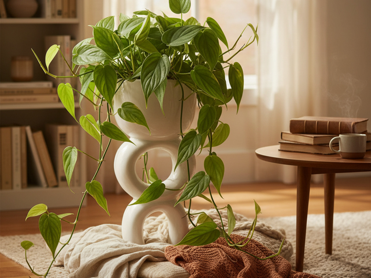 Heartleaf philodendron draping from a sculptural plant stand in a cozy reading nook