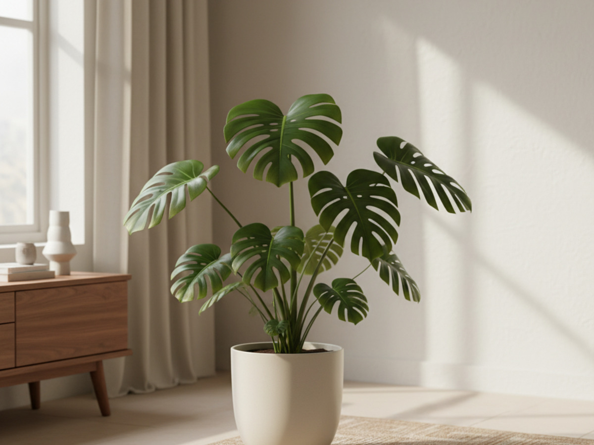Mature Monstera deliciosa with split leaves in a sunlit mid-century living room