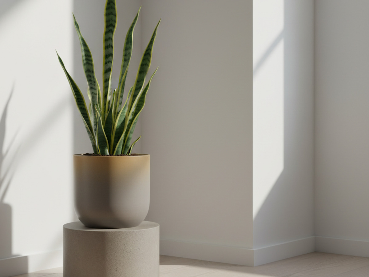 Tall snake plant with variegated sword-like leaves on a concrete pedestal in a bright modern corner