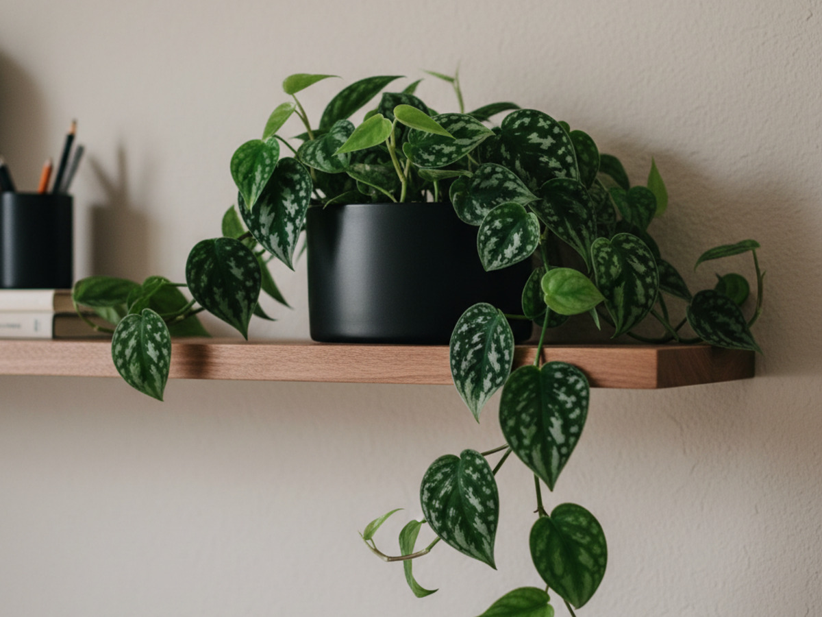 Satin pothos with silver-flecked leaves cascading from a matte black planter on a walnut shelf
