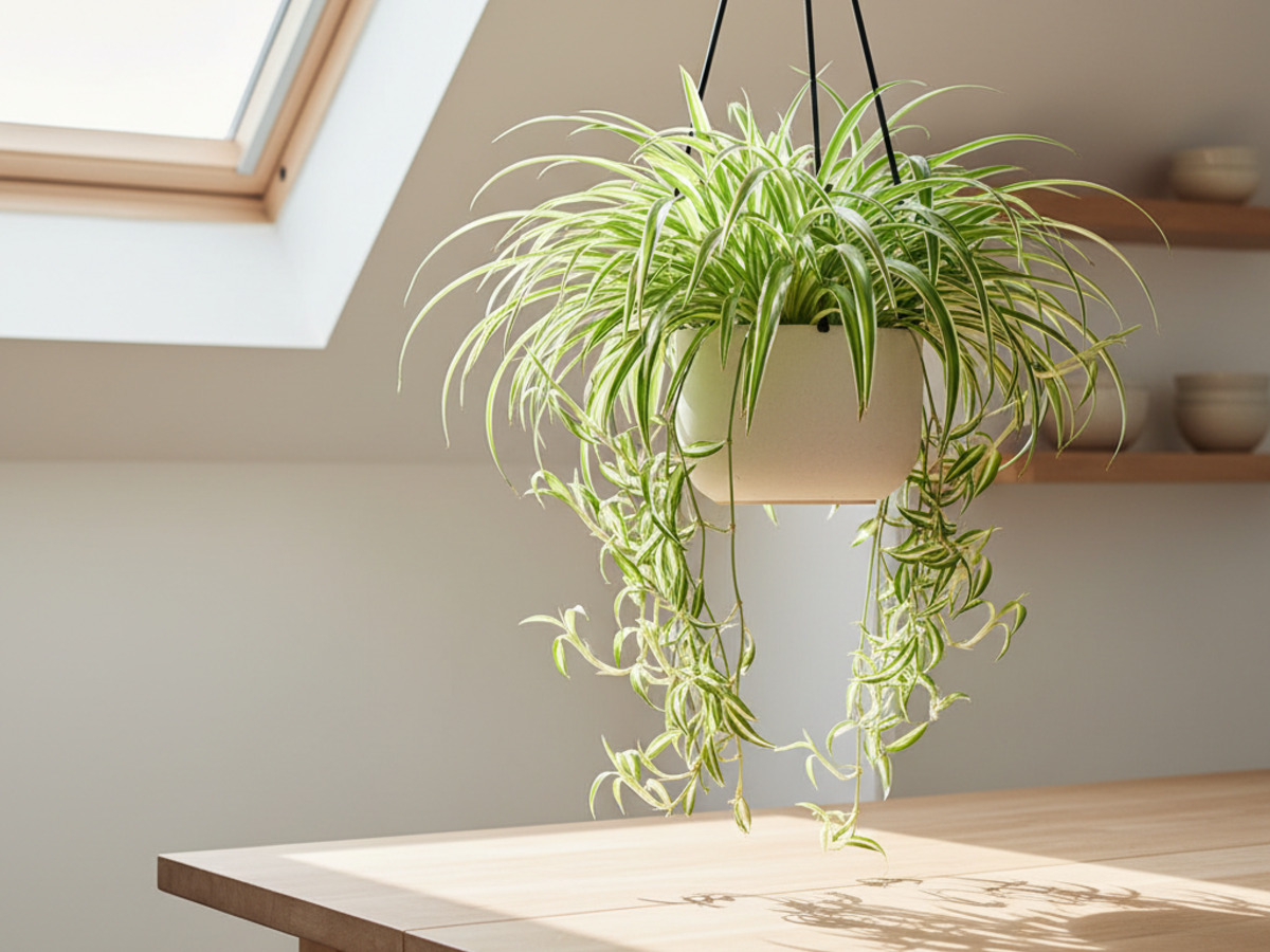 Hanging spider plant overflowing with arching leaves and plantlets in a bright kitchen nook