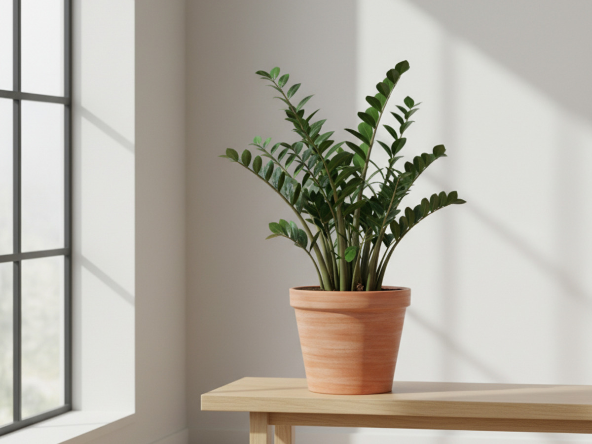 Glossy ZZ plant in a terracotta pot on a wooden bench in a minimalist entryway