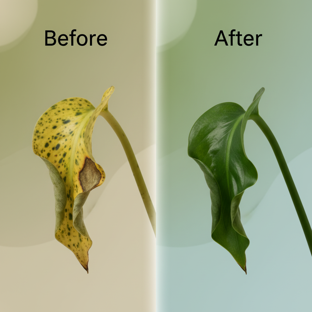 Before and after comparison of a houseplant leaf: left side wilted with yellow spots labeled 'Before'; right side vibrant healthy green labeled 'After'.
