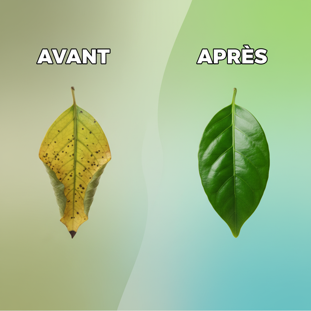 Comparaison avant/après d’une feuille de plante : à gauche fanée avec des taches jaunes « Avant », à droite verte et en pleine forme « Après ».