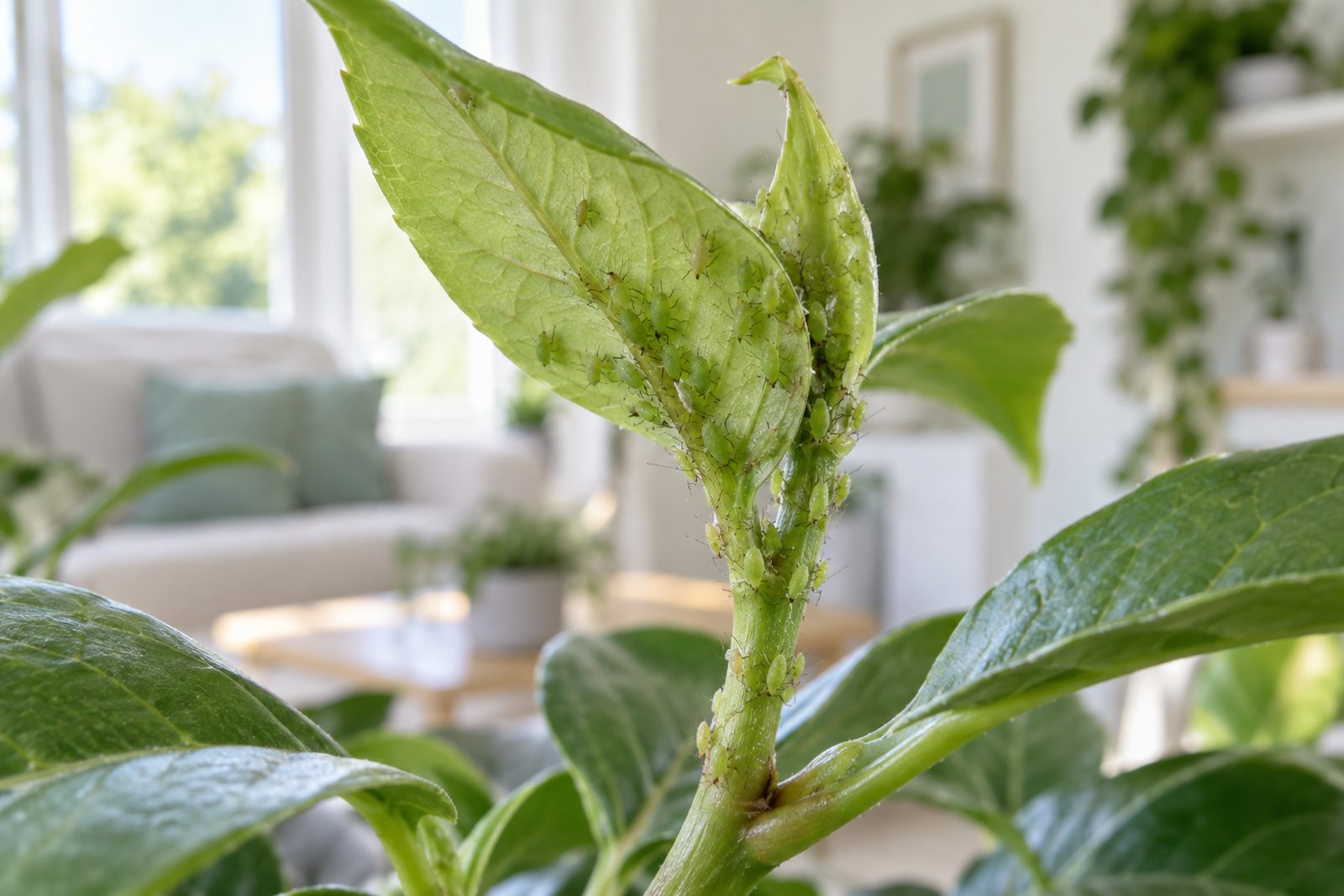 Cluster of green aphids on the new growth of a houseplant