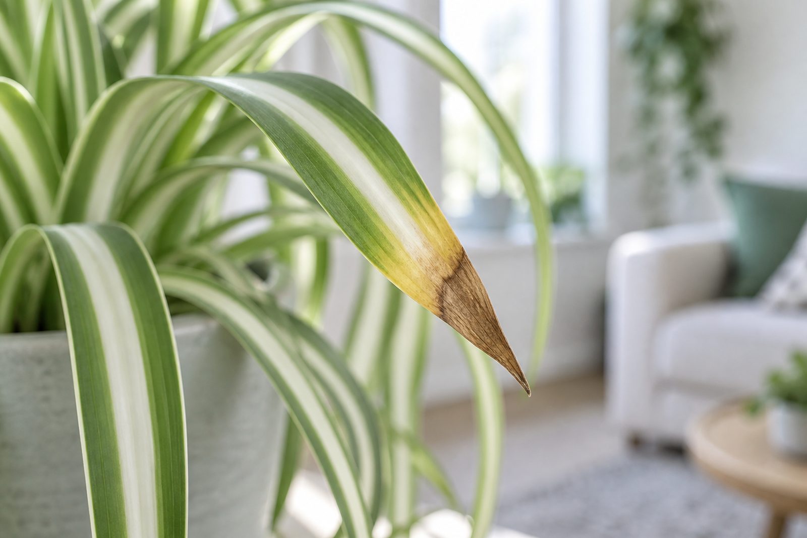 Spider plant leaf with crisp brown tips fading into yellow