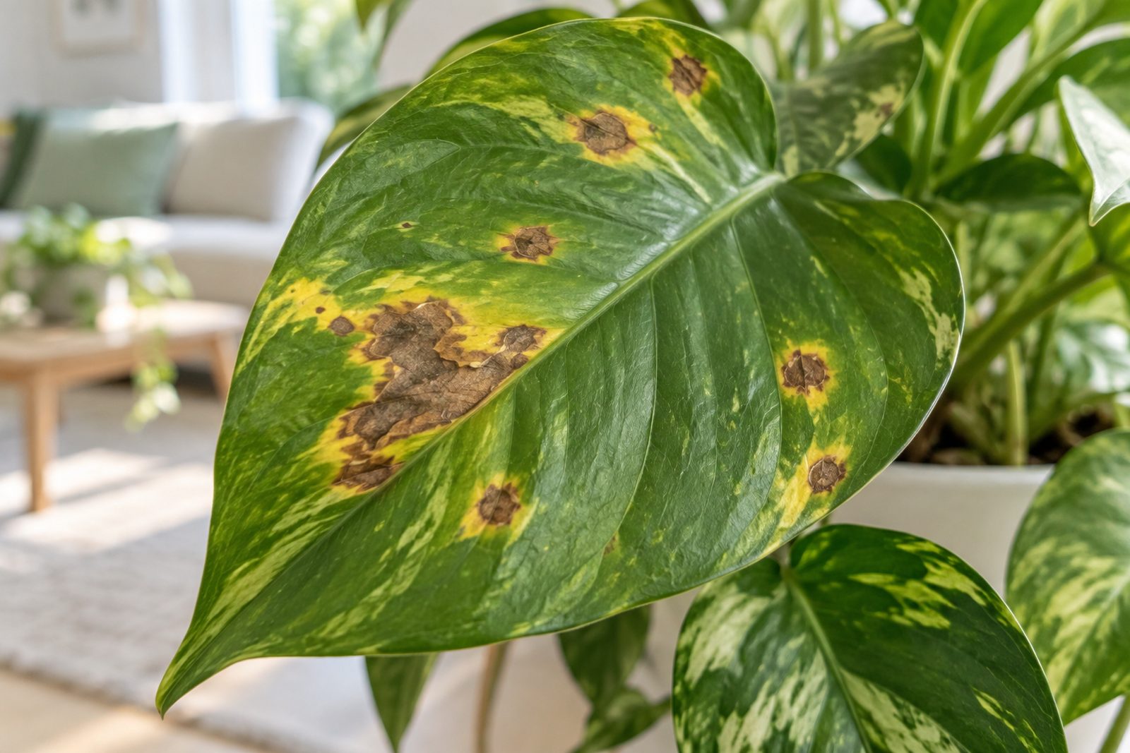 Green leaf with irregular brown spots ringed by yellow halos
