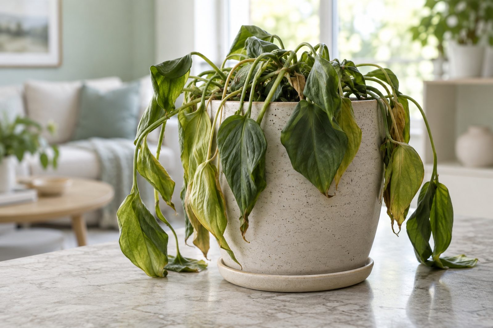 Potted houseplant with limp, wilted leaves hanging over the pot