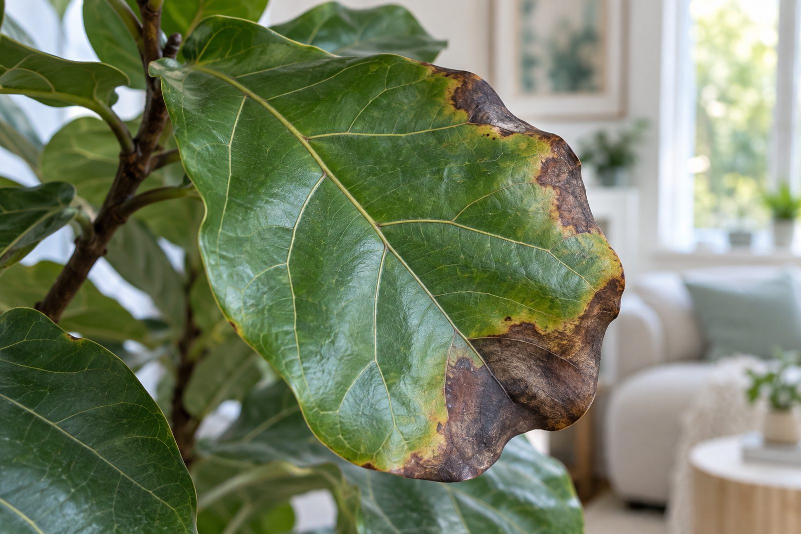 Fiddle leaf fig leaf with brown spots spreading from the edge