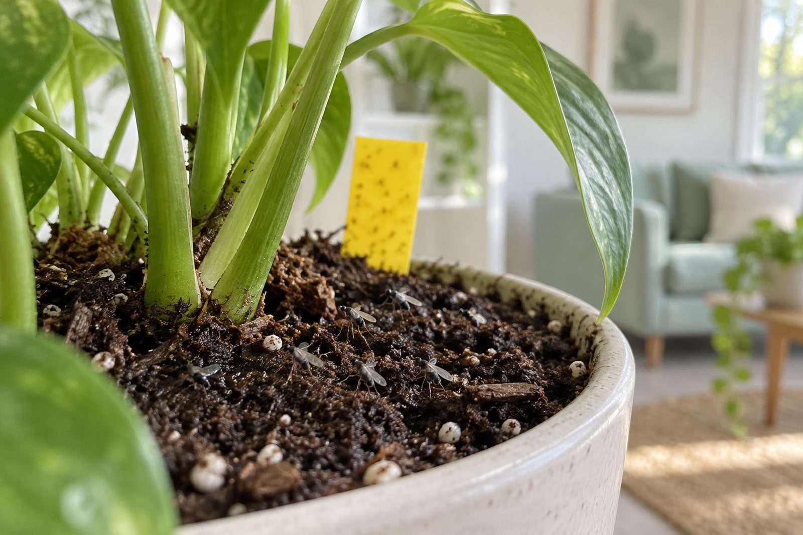 Fungus gnats on damp potting soil with a yellow sticky trap behind