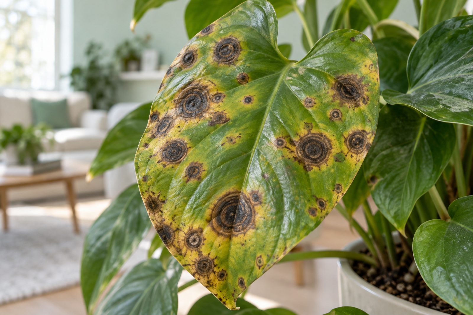 Leaf covered in round black and brown leaf-spot lesions