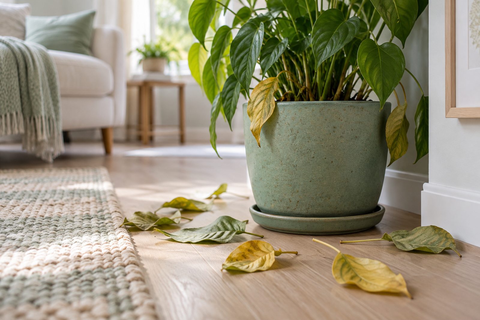 Fallen leaves on the floor around the base of a potted houseplant