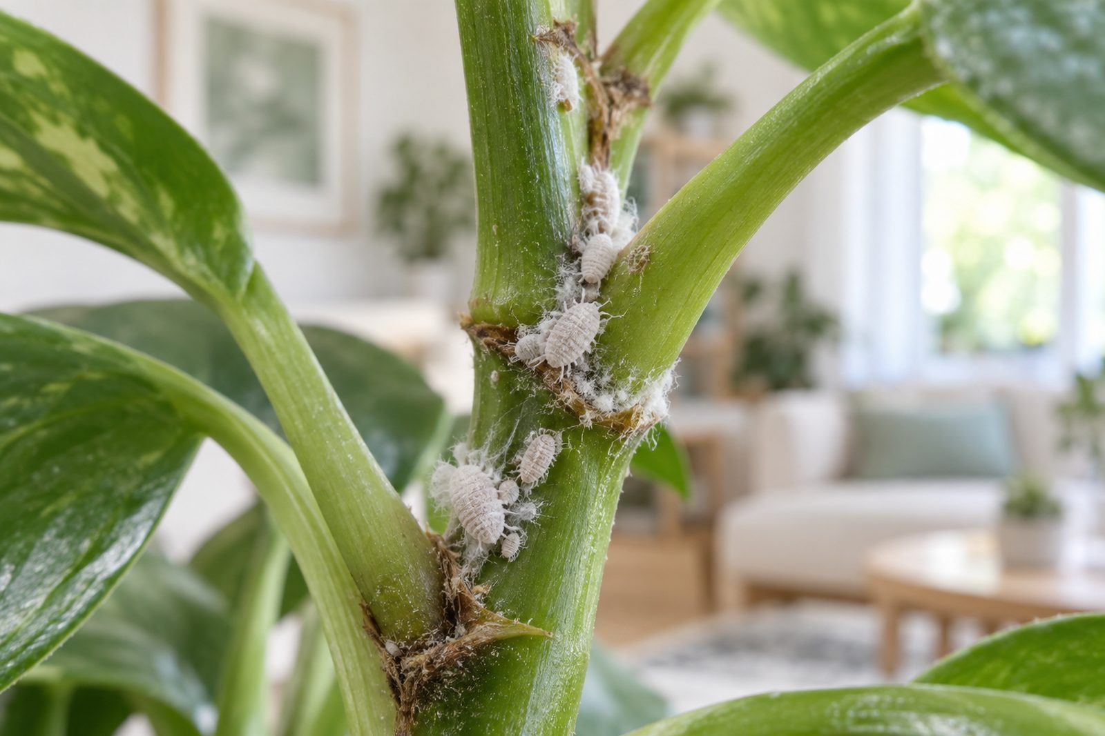 White cottony mealybugs clustered in the leaf joints of a stem
