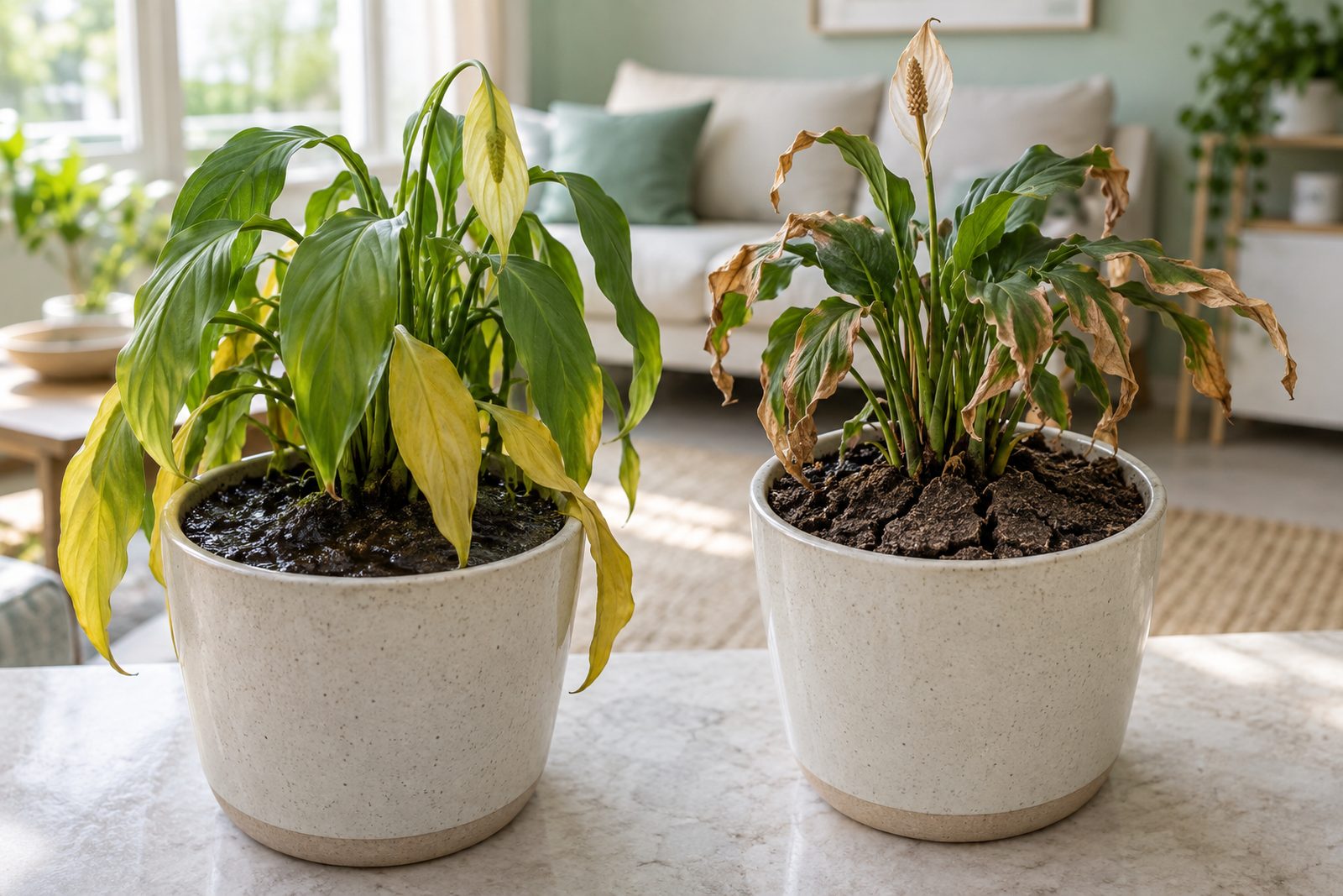 Two potted plants side by side: one overwatered with limp yellow leaves, one underwatered with dry crispy leaves