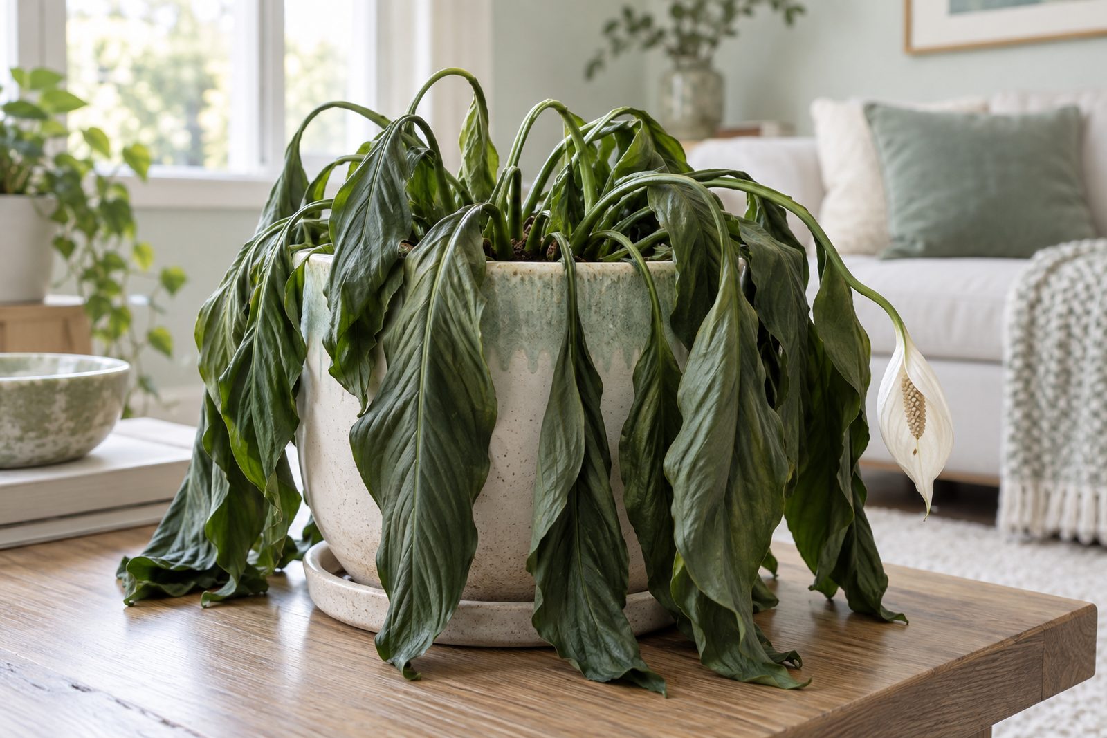 Peace lily with drooping leaves and flower