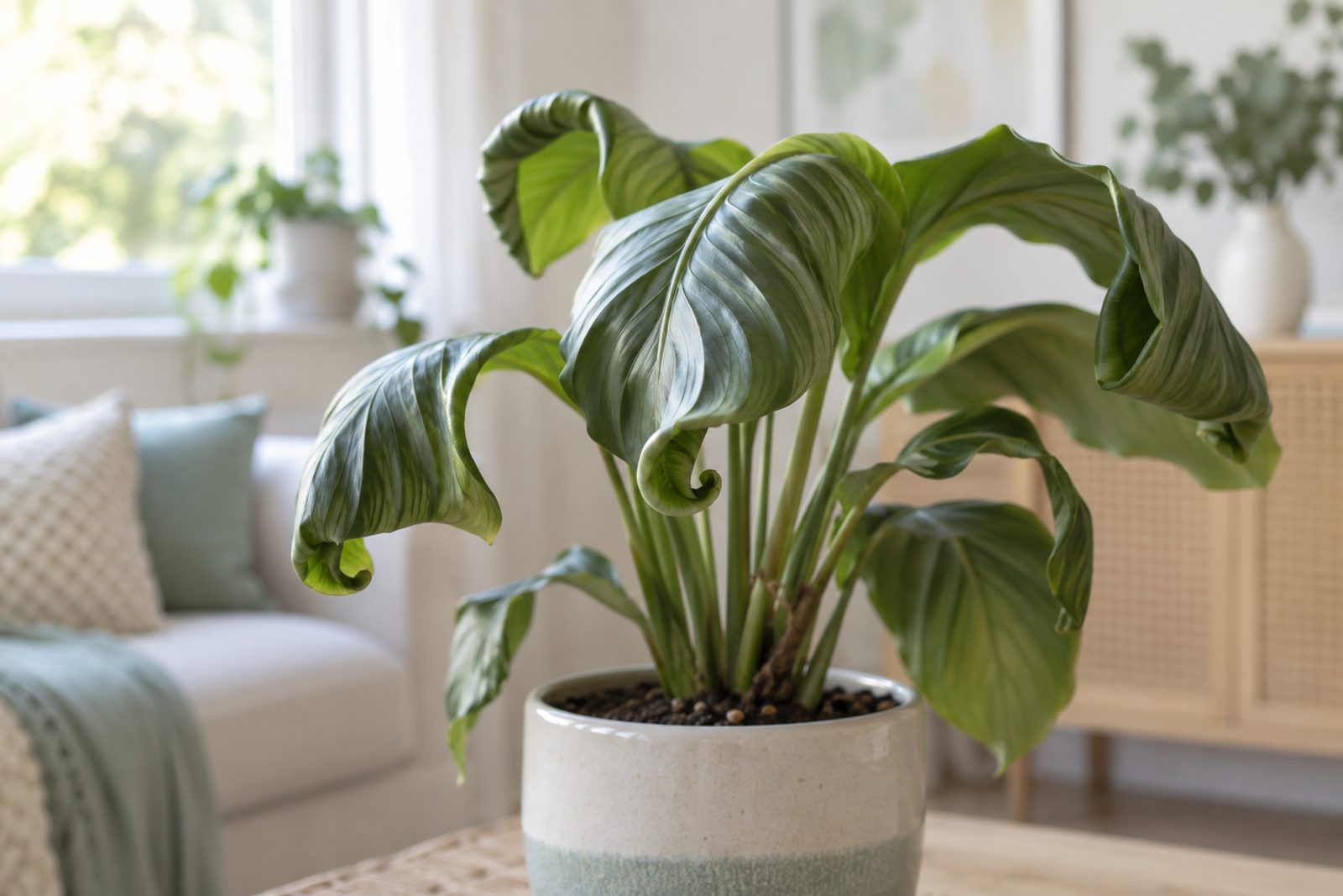 Houseplant leaves curling inward along the edges