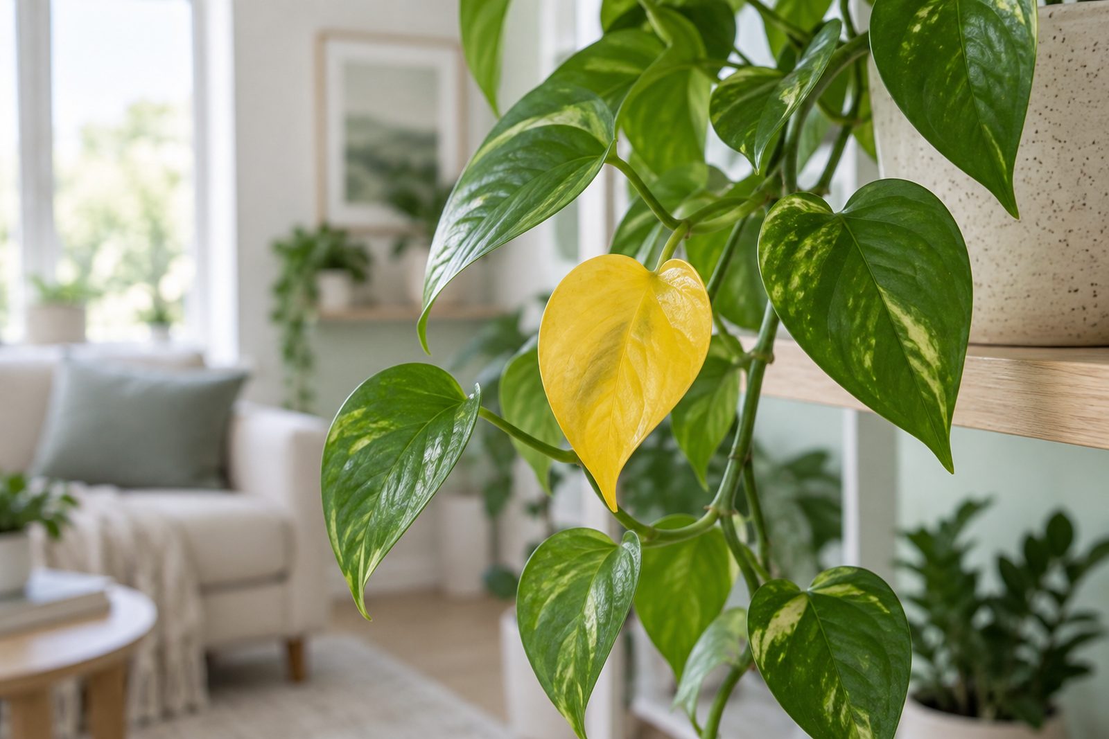 Pothos vine with one yellow leaf among green heart-shaped leaves