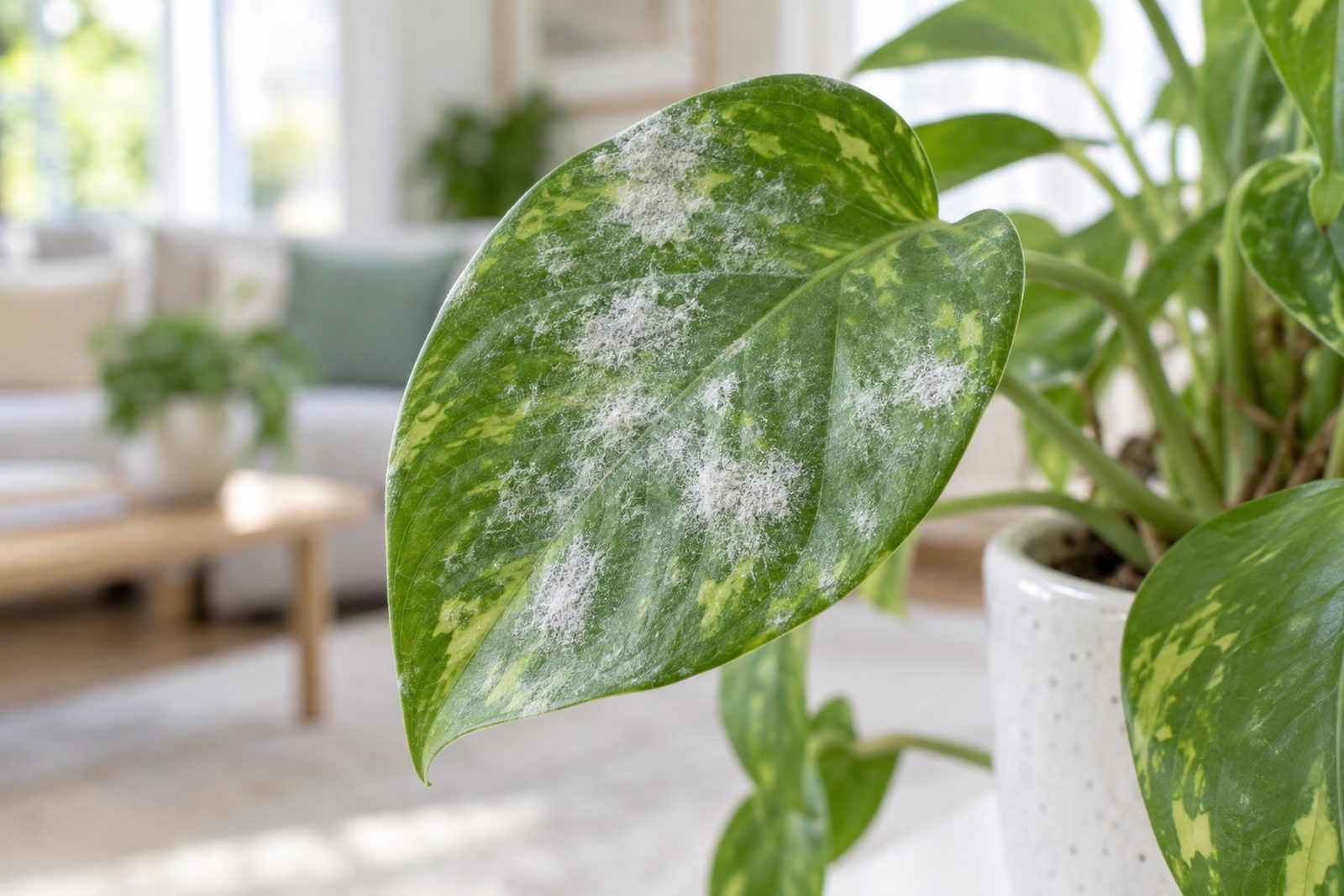 Leaf coated in patches of white powdery mildew