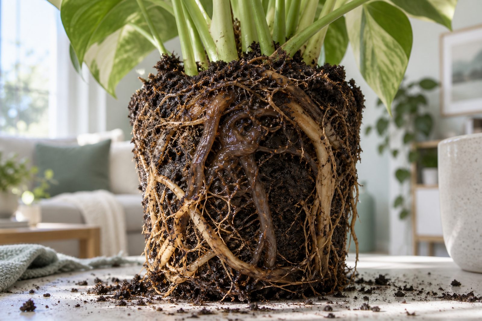 Houseplant lifted from its pot showing dark, mushy rotten roots
