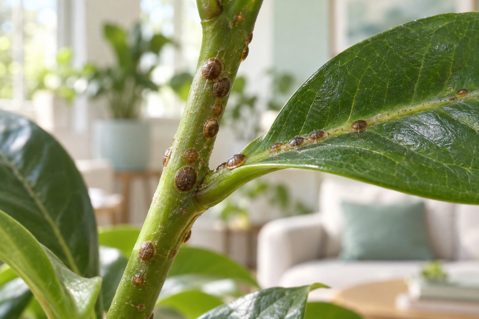 Brown scale insects lined up along a green stem