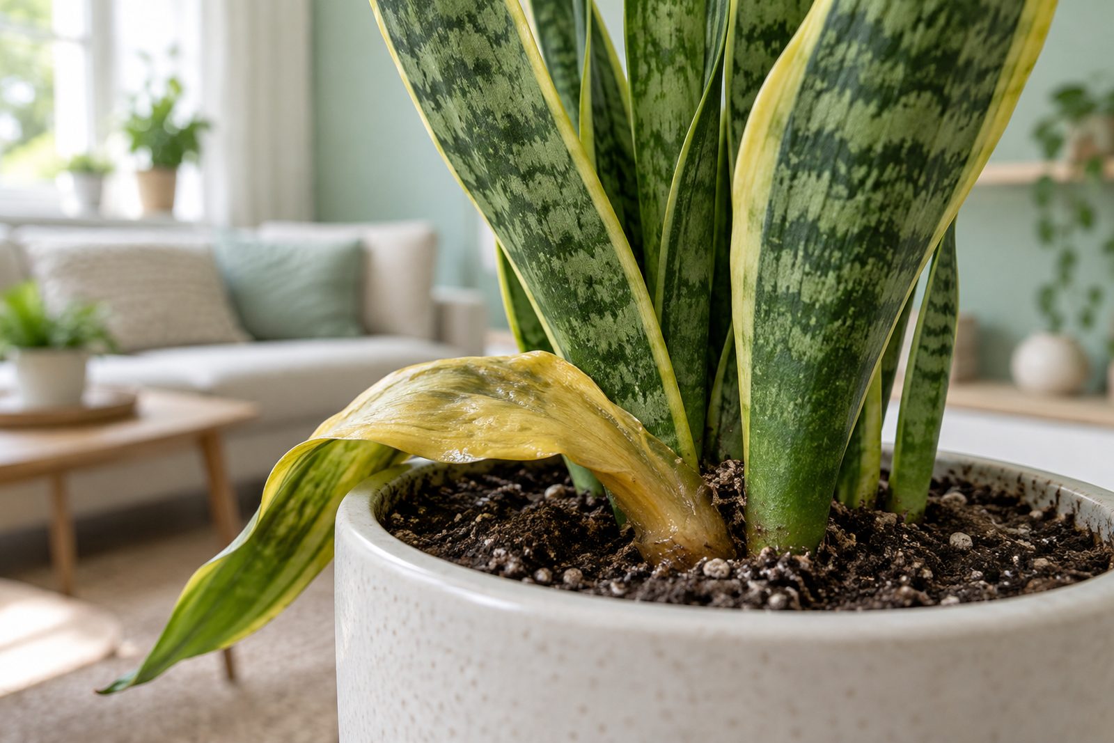 Snake plant with one soft, yellow, mushy leaf at the soil line