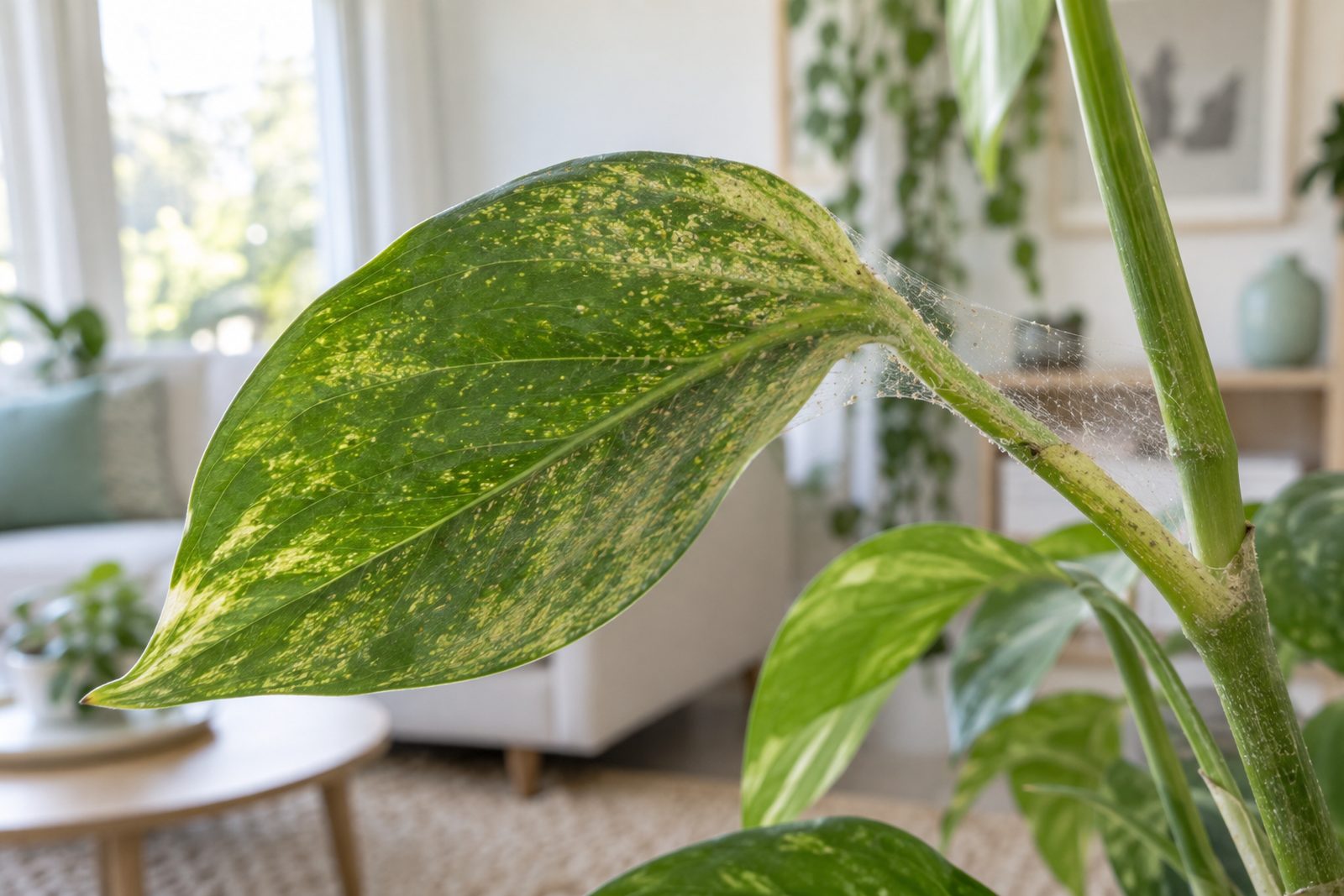Fine spider-mite webbing and pale stippling on a houseplant leaf