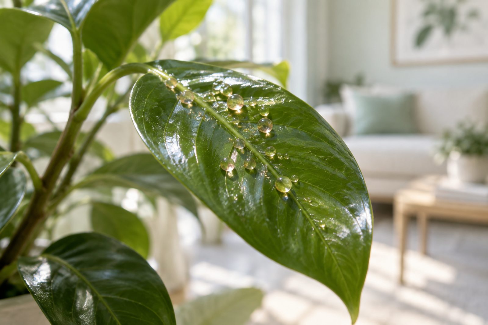 Glossy leaf with sticky honeydew droplets catching the light