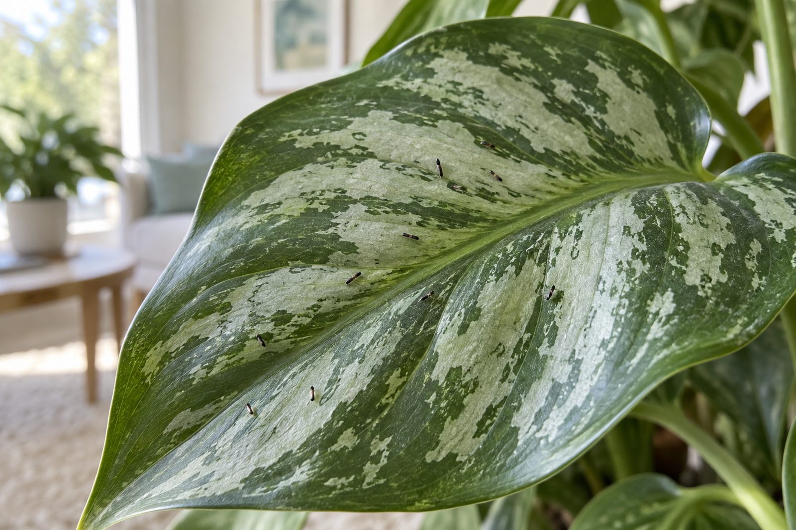 Leaf with silvery streaks and tiny dark thrips on the surface