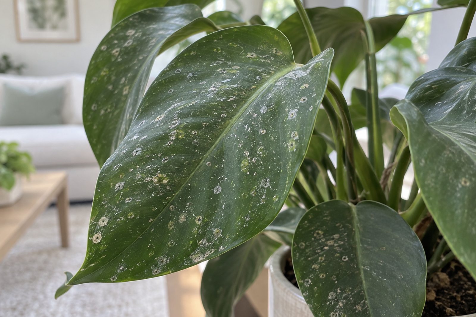 Green leaves dotted with small white spots
