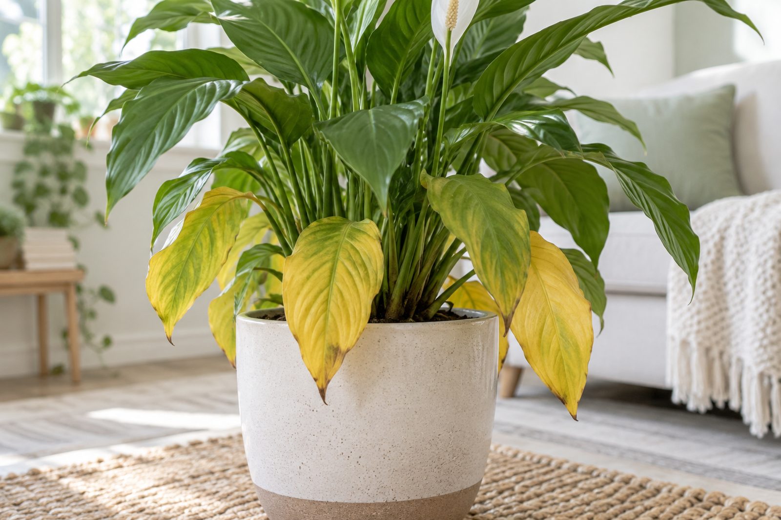 Potted houseplant with its lowest leaves turned yellow