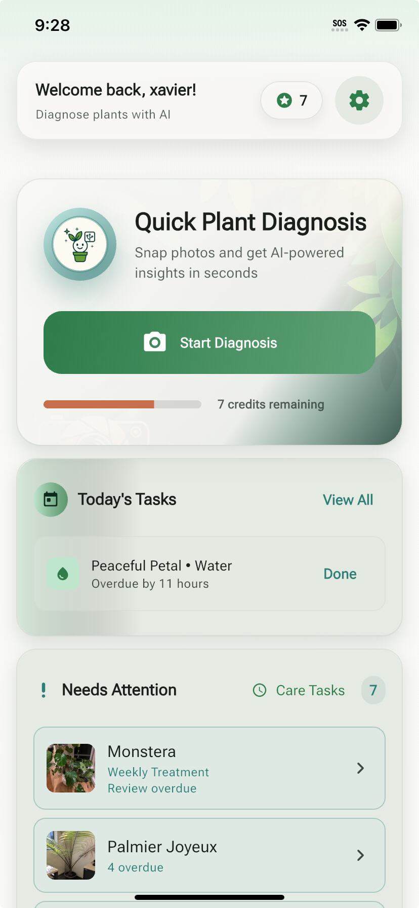 AI Plant Doctor app dashboard showing plant health status, diagnoses, and care reminders