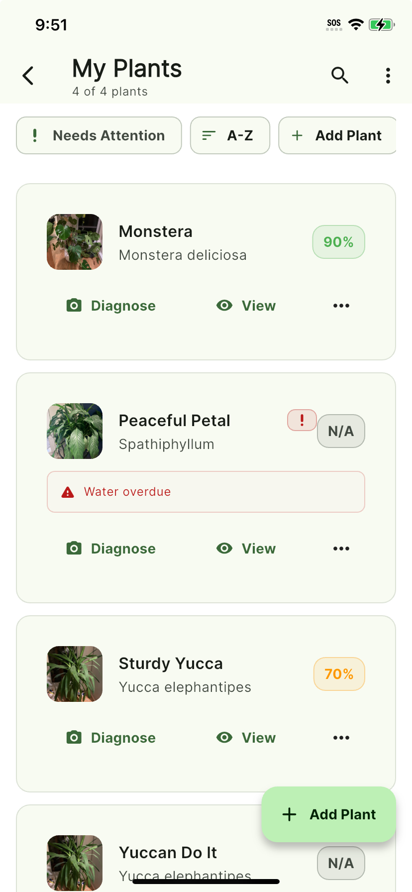 AI Plant Doctor dashboard showing plant health overview, quick stats, and today's care tasks